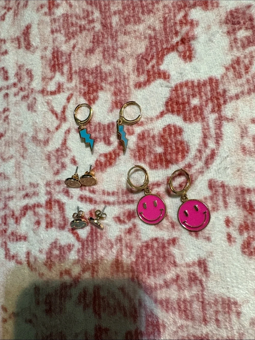 Kids Gold Hoop Earrings with Pink Smiley & Blue Lightning Charms Costume Jewelry